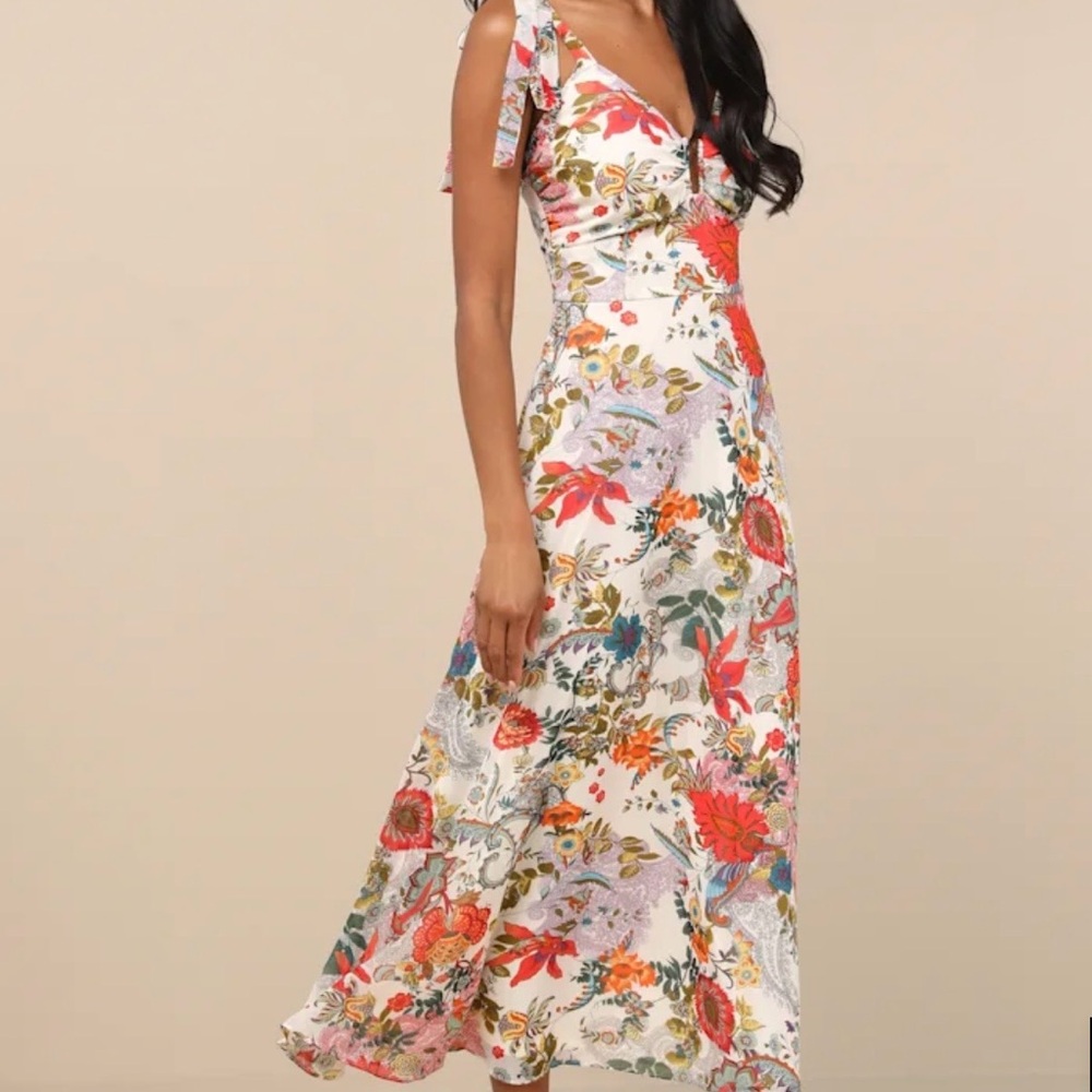 Lulu's White Floral Tie-Shoulder Asymmetrical Maxi Dress